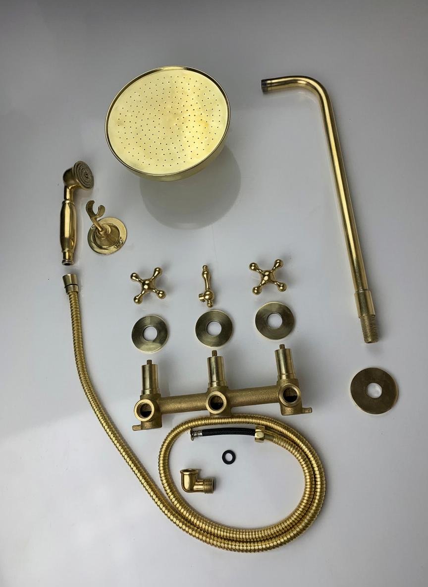 Premium Unlacquered Brass Wall-Mount Shower System with Handheld Sprayer - Brasska