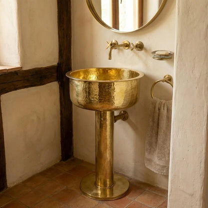 Round Hammered Brass Pedestal Sink – Handmade Unlacquered Vintage Basin - Brasska
