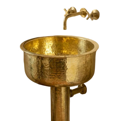 Round Hammered Brass Pedestal Sink – Handmade Unlacquered Vintage Basin - Brasska