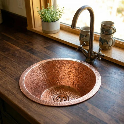 Round kitchen Sink, Hammered Copper Round Drum Bar Sink Including Drain - Brasska