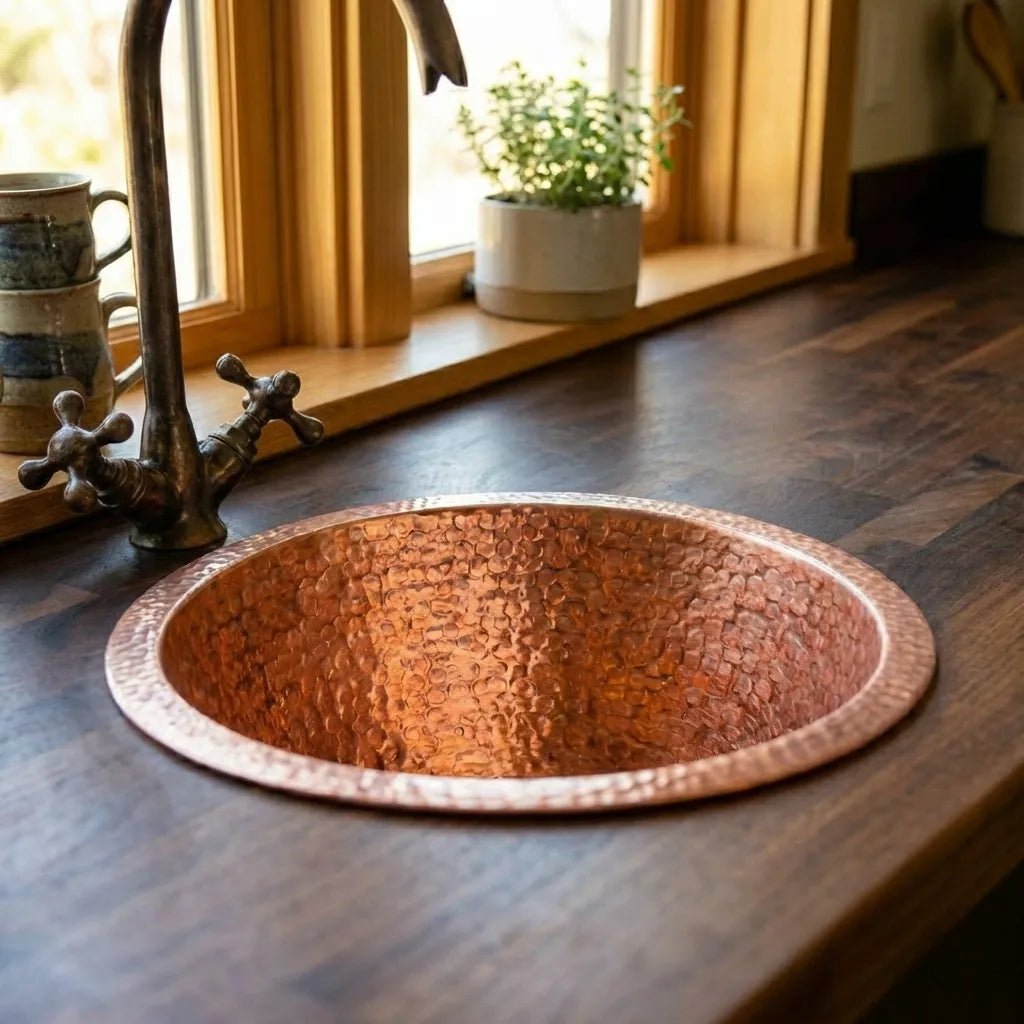 Round kitchen Sink, Hammered Copper Round Drum Bar Sink Including Drain - Brasska