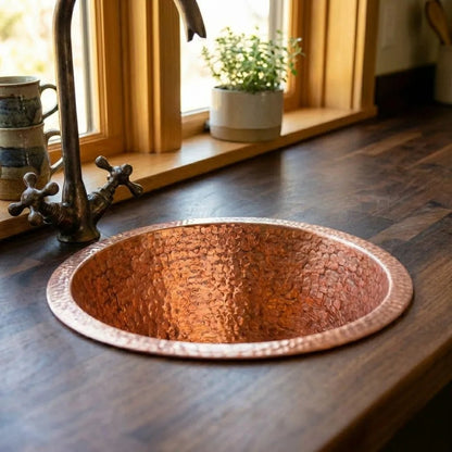 Round kitchen Sink, Hammered Copper Round Drum Bar Sink Including Drain - Brasska