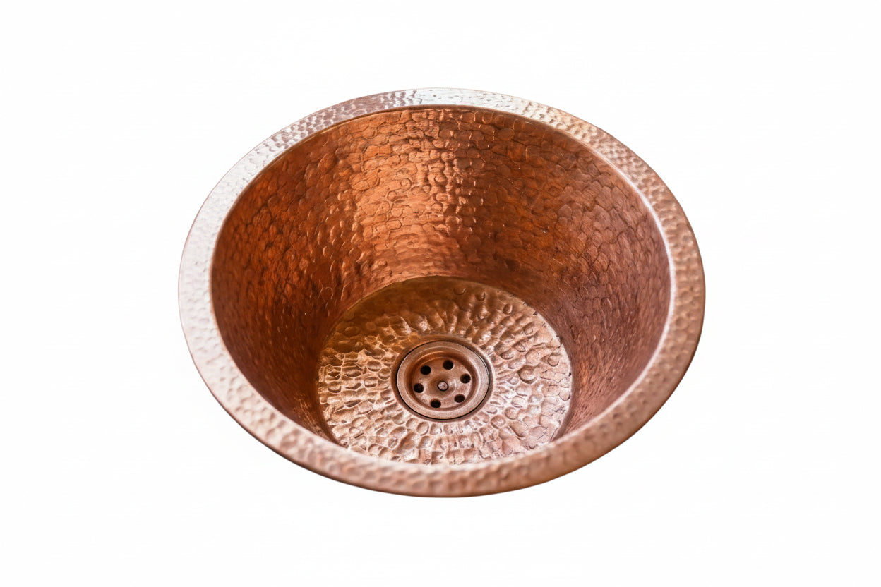 Round kitchen Sink, Hammered Copper Round Drum Bar Sink Including Drain - Brasska