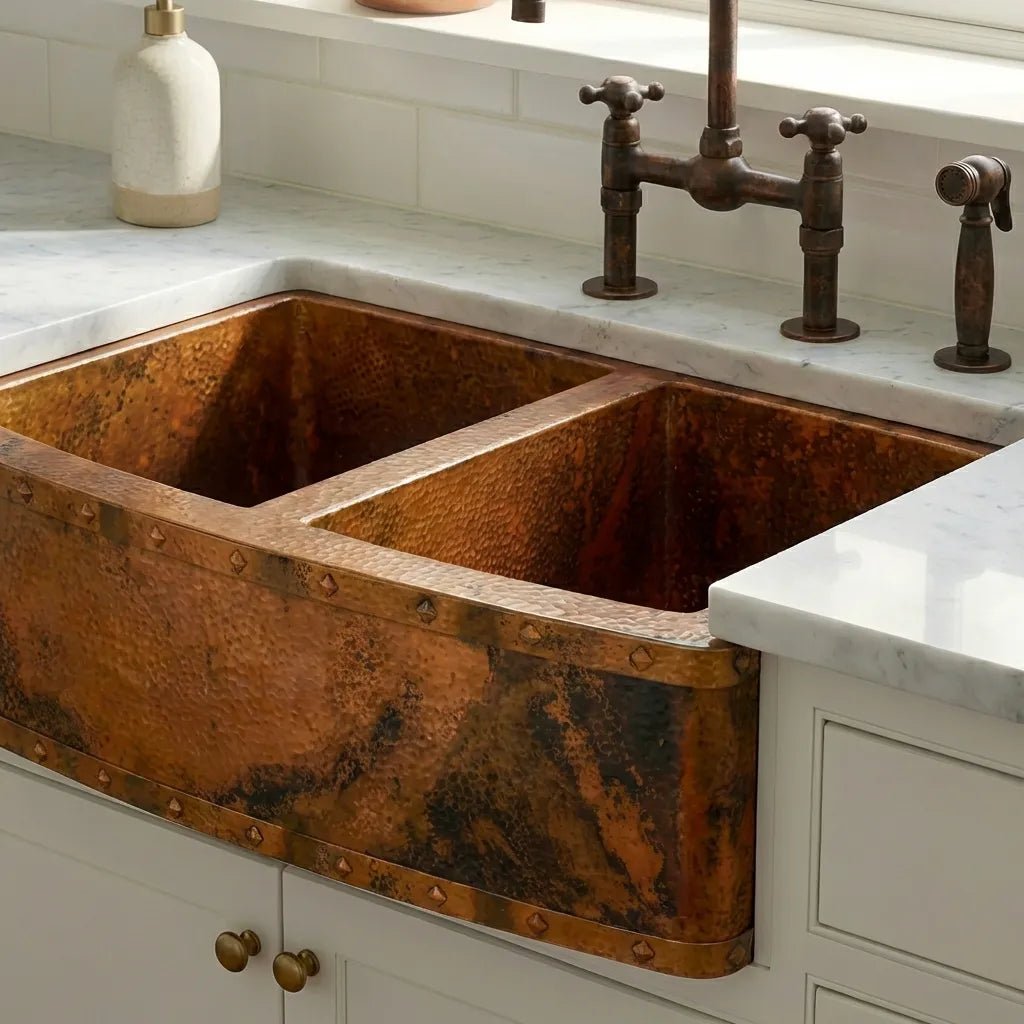 Rounded Copper Farmhouse Double Apron Kitchen Sink - Livra - Brasska