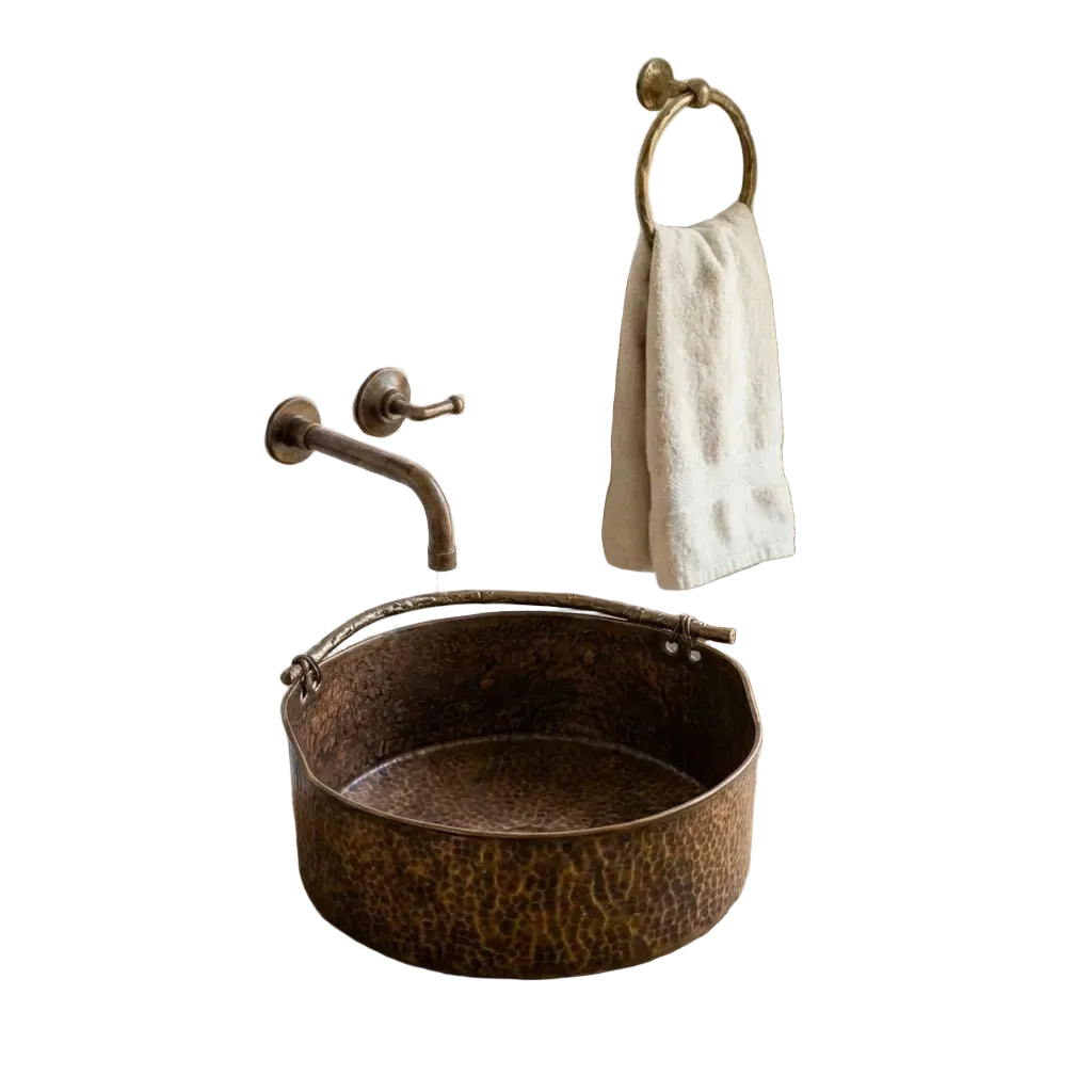 Rustic Brass Vessel Sink – Hand Hammered Round Aged Bathroom Basin - Brasska