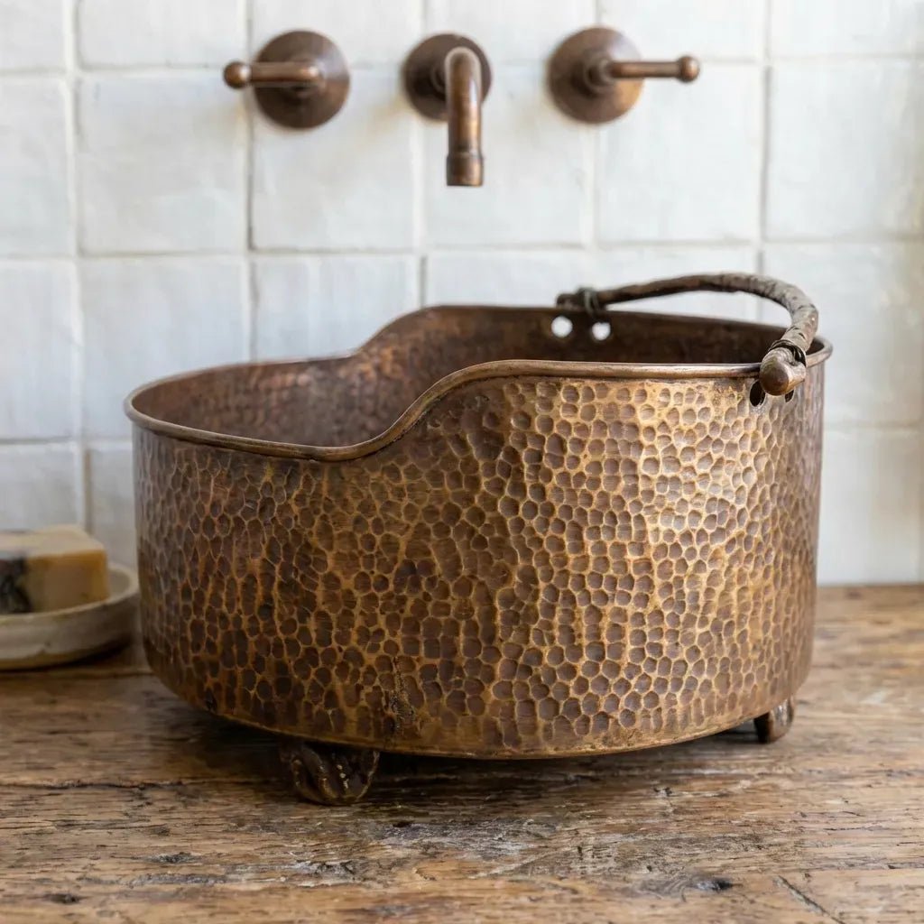Rustic Brass Vessel Sink – Hand Hammered Round Aged Bathroom Basin - Brasska