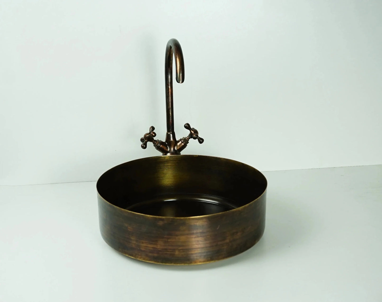 Rustic Brass Vessel Sink with Faucet – Oil Rubbed Bronze Round Bathroom Basin - Brasska