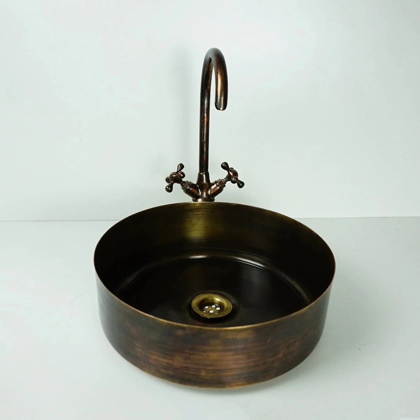 Rustic Brass Vessel Sink with Faucet – Oil Rubbed Bronze Round Bathroom Basin - Brasska