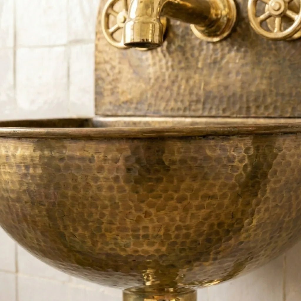 Rustic Brass Wall Hung Sink with Traditional Faucet Set - Brasska