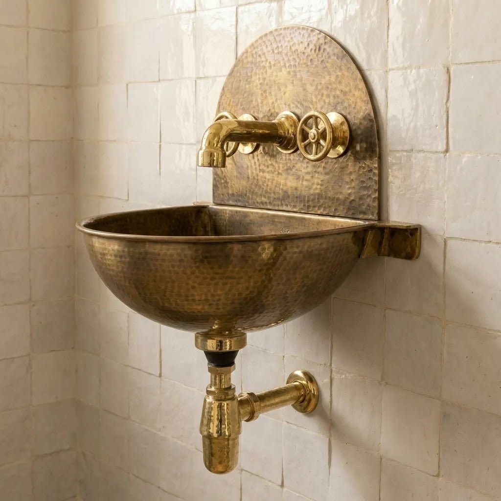 Rustic Brass Wall Hung Sink with Traditional Faucet Set - Brasska