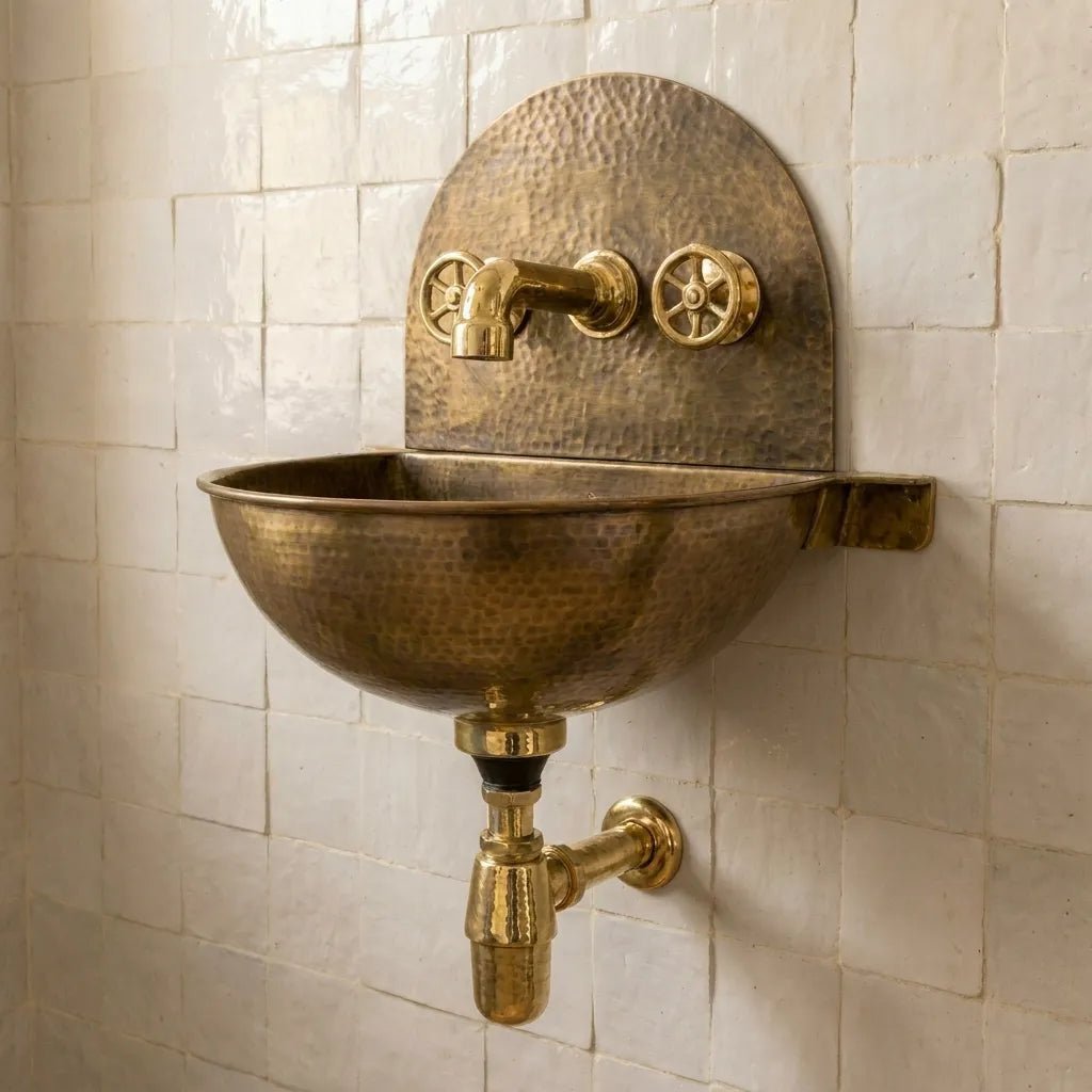 Rustic Brass Wall Hung Sink with Traditional Faucet Set - Brasska