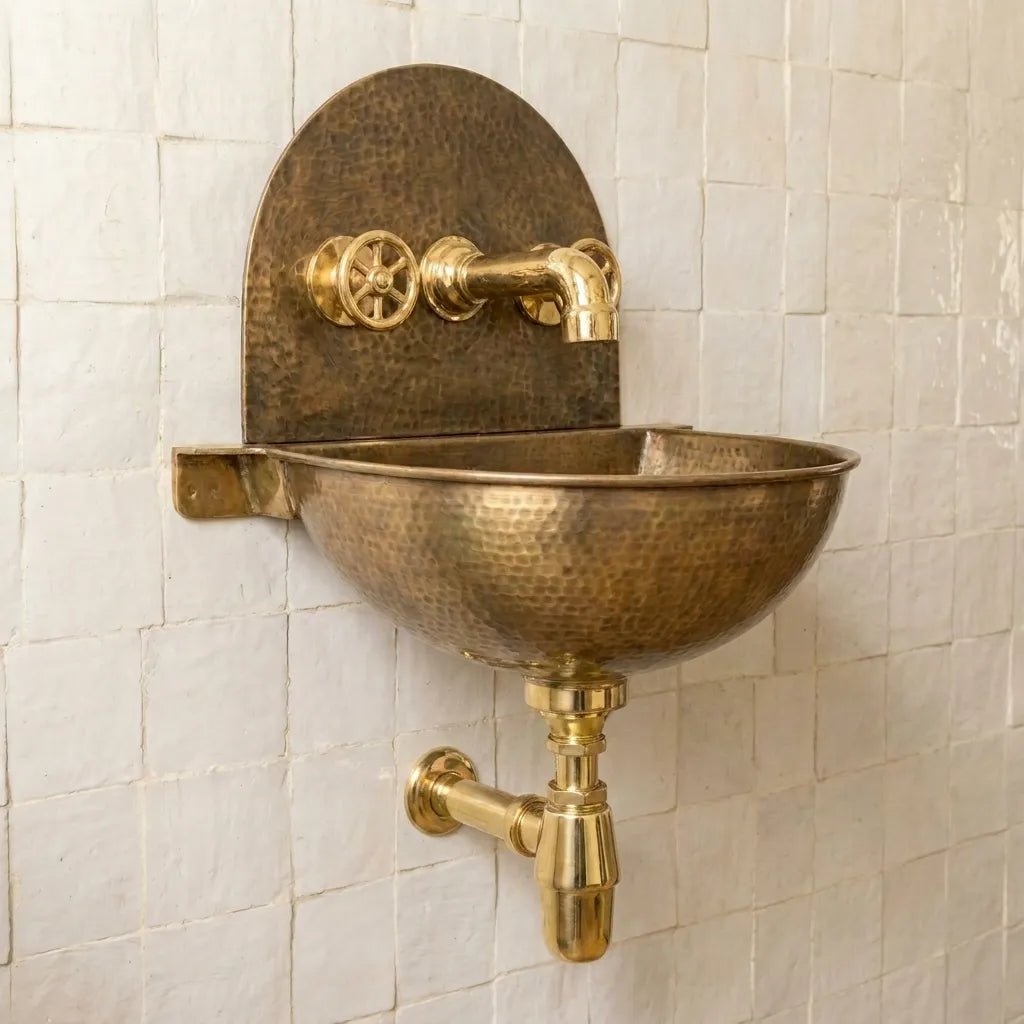 Rustic Brass Wall Hung Sink with Traditional Faucet Set - Brasska