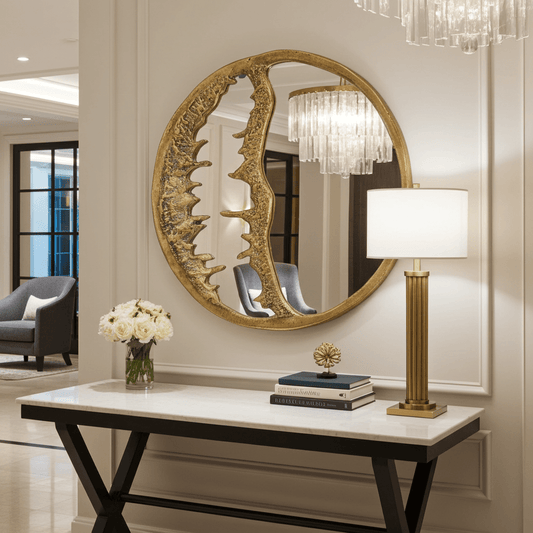 Sculptural Brass Wall Mirror – Handmade Textured Gold Round Statement Decor - Brasska