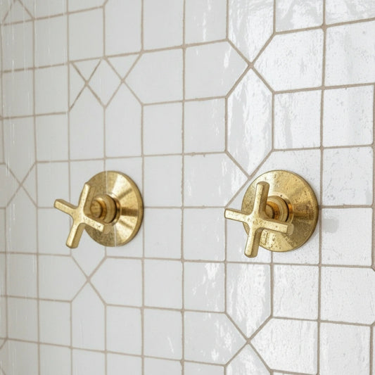 Unlacquered Brass Shower System – Wall Mount Rain Head & Cross Valves