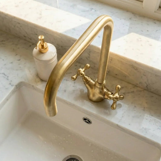 Solid Brass Gooseneck Bathroom Faucet Single Hole With Cross Handles - Brasska