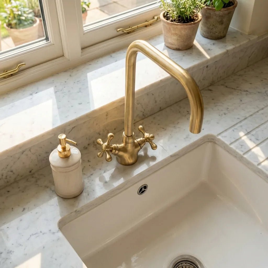 Solid Brass Gooseneck Bathroom Faucet Single Hole With Cross Handles - Brasska