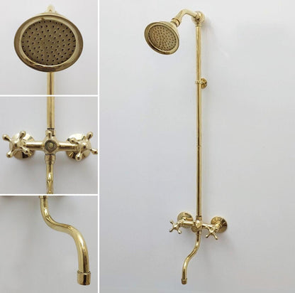 Solid Brass Shower Faucet | Handmade Unlacquered Brass Wall Mount Shower System | Vintage Style by Brasska - Brasska