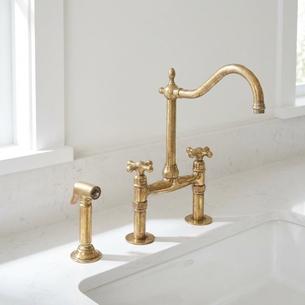 Traditional Unlacquered Brass Bridge Kitchen Faucet With Sprayer