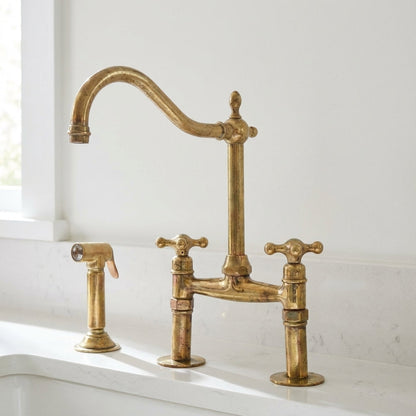 Traditional Unlacquered Brass Bridge Kitchen Faucet With Sprayer