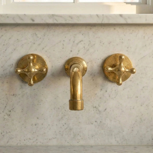 Three Hole Wall Mounted Brass Faucet with Cross Handles - Brasska