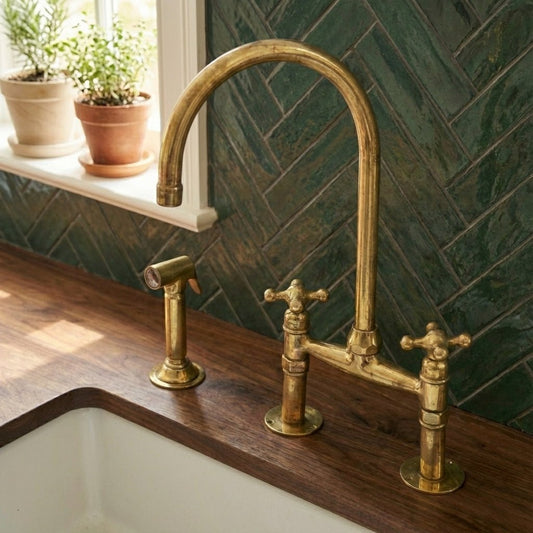 Traditional High-Arc Unlacquered Brass Bridge Kitchen Faucet - Brasska