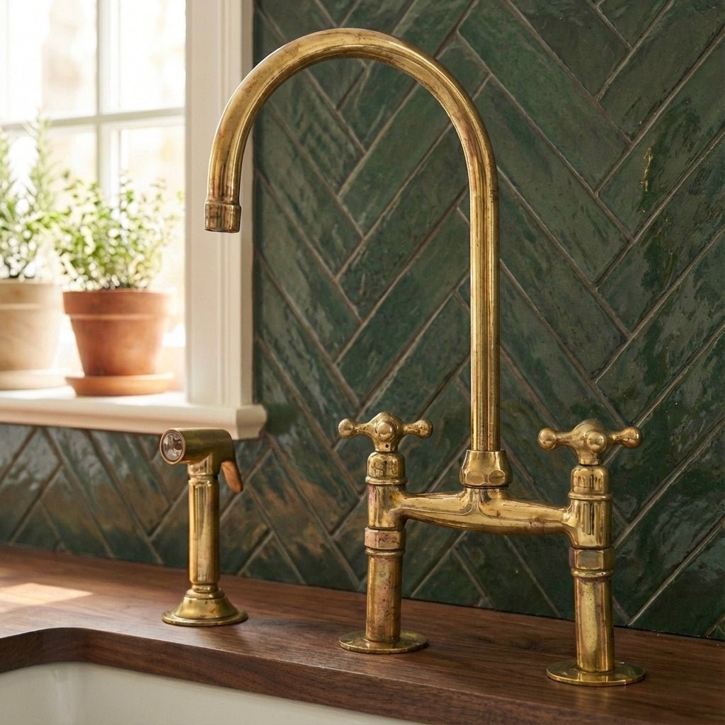 Traditional High-Arc Unlacquered Brass Bridge Kitchen Faucet - Brasska