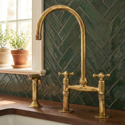 Traditional High-Arc Unlacquered Brass Bridge Kitchen Faucet - Brasska