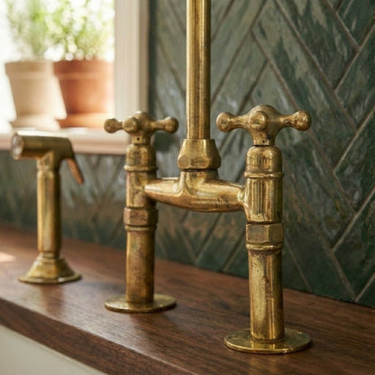 Traditional High-Arc Unlacquered Brass Bridge Kitchen Faucet - Brasska