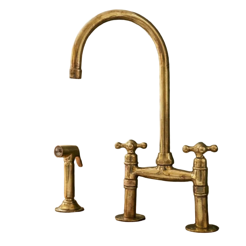 Traditional High-Arc Unlacquered Brass Bridge Kitchen Faucet - Brasska