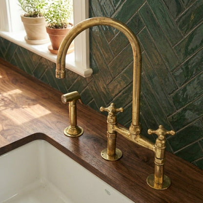 Traditional High-Arc Unlacquered Brass Bridge Kitchen Faucet - Brasska