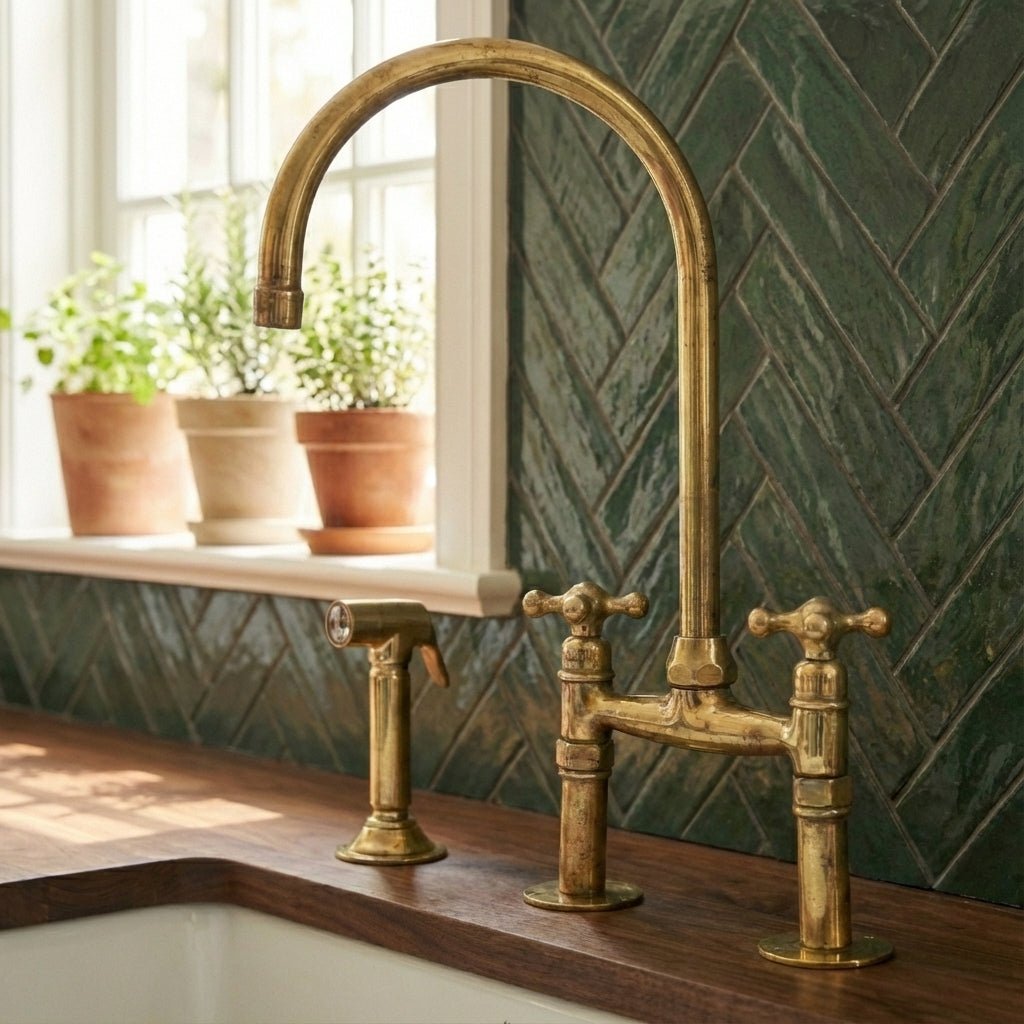 Traditional High-Arc Unlacquered Brass Bridge Kitchen Faucet - Brasska