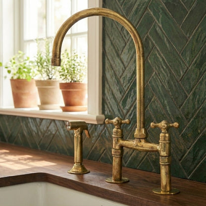 Traditional High-Arc Unlacquered Brass Bridge Kitchen Faucet - Brasska