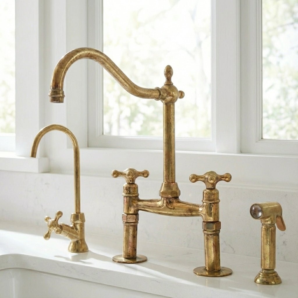 Traditional Unlacquered Brass Bridge Kitchen Faucet With Sprayer - Brasska