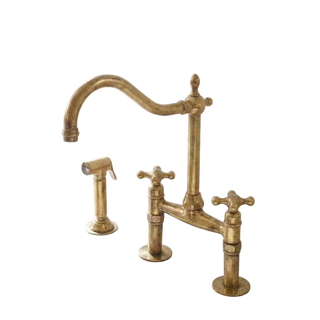 Traditional Unlacquered Brass Bridge Kitchen Faucet With Sprayer - Brasska