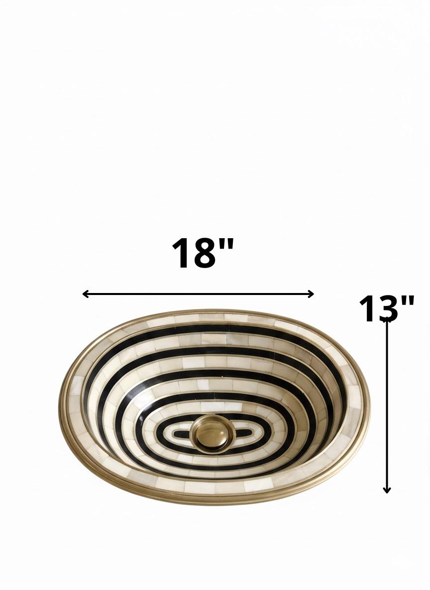 Elegant Handmade Brass Sink – Black & White Striped Art Basin, Luxury Bathroom Statement Piece