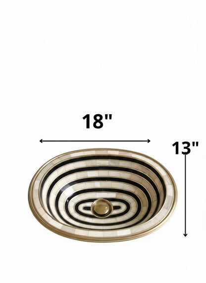 Elegant Handmade Brass Sink – Black & White Striped Art Basin, Luxury Bathroom Statement Piece