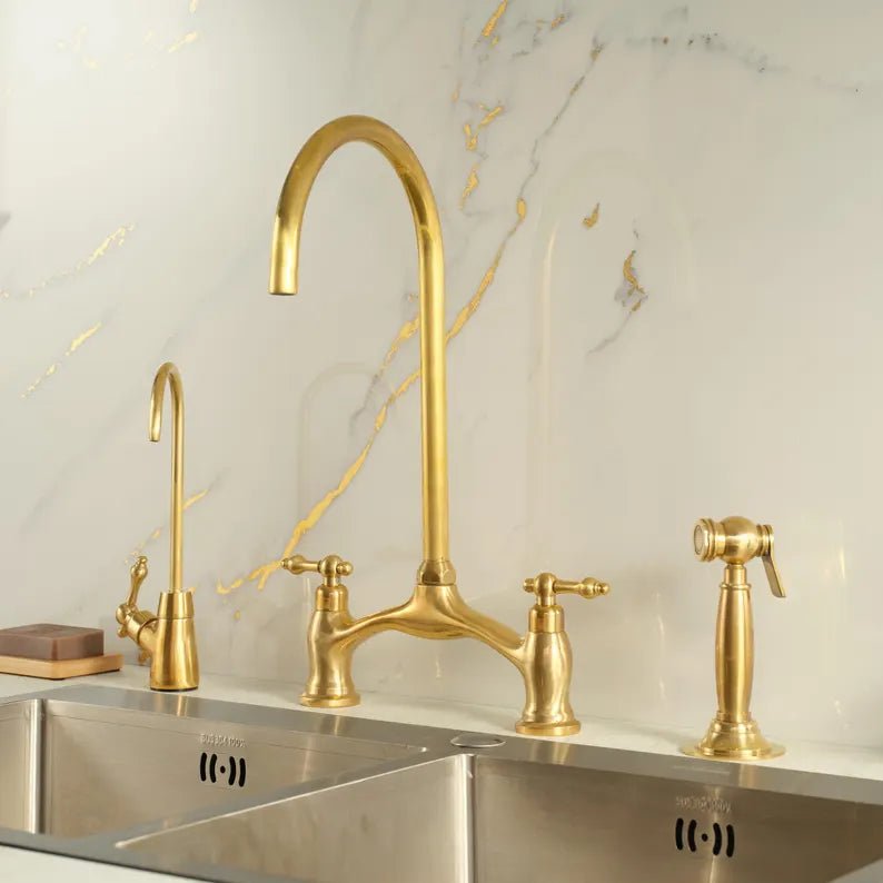 Unlacquered Brass 3-Piece Kitchen Faucet Set – Bridge Design - Brasska