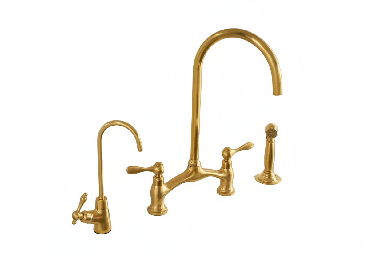 Unlacquered Brass 3-Piece Kitchen Faucet Set – Bridge Design - Brasska