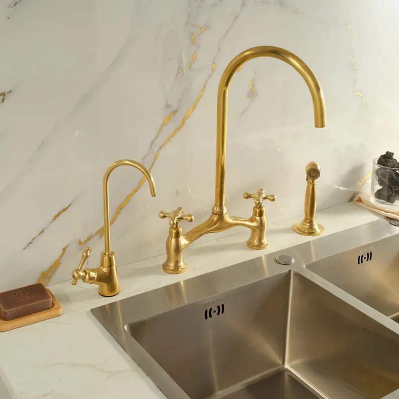 Unlacquered Brass 3-Piece Kitchen Faucet Set – Bridge Design - Brasska