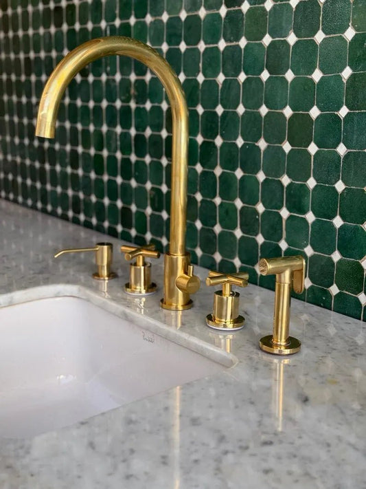 Unlacquered Brass 5-Hole Bridge Kitchen Faucet with Side Sprayer & Soap Dispenser – Luxury Solid Brass Tap - Brasska