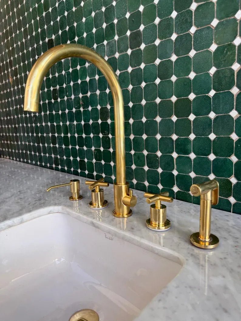 Unlacquered Brass 5-Hole Bridge Kitchen Faucet with Side Sprayer & Soap Dispenser – Luxury Solid Brass Tap - Brasska