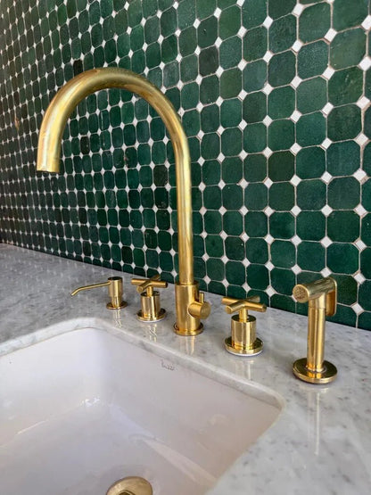 Unlacquered Brass 5-Hole Bridge Kitchen Faucet with Side Sprayer & Soap Dispenser – Luxury Solid Brass Tap - Brasska