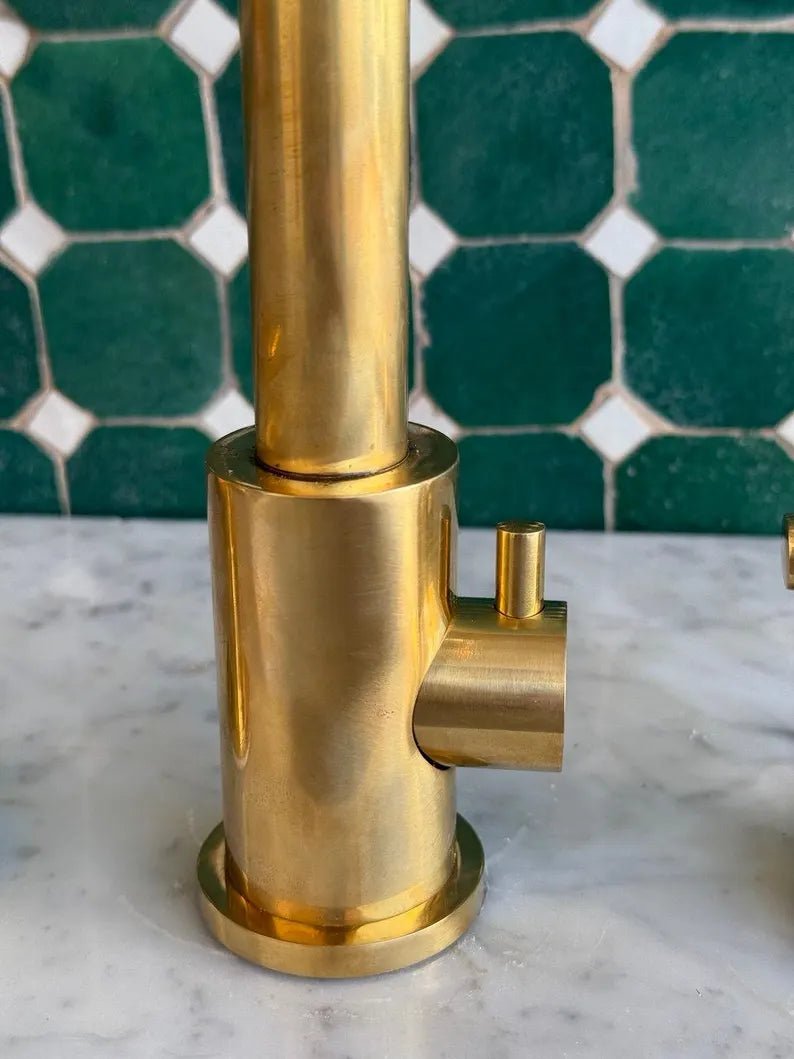 Unlacquered Brass 5-Hole Bridge Kitchen Faucet with Side Sprayer & Soap Dispenser – Luxury Solid Brass Tap - Brasska