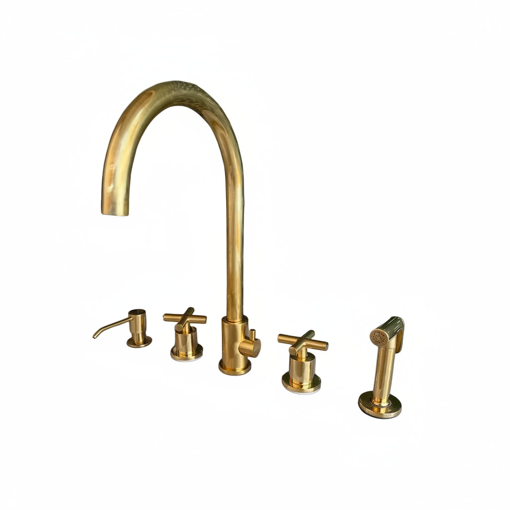 Unlacquered Brass 5-Hole Bridge Kitchen Faucet with Side Sprayer & Soap Dispenser – Luxury Solid Brass Tap - Brasska