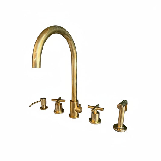 Unlacquered Brass 5-Hole Bridge Kitchen Faucet with Side Sprayer & Soap Dispenser – Luxury Solid Brass Tap - Brasska