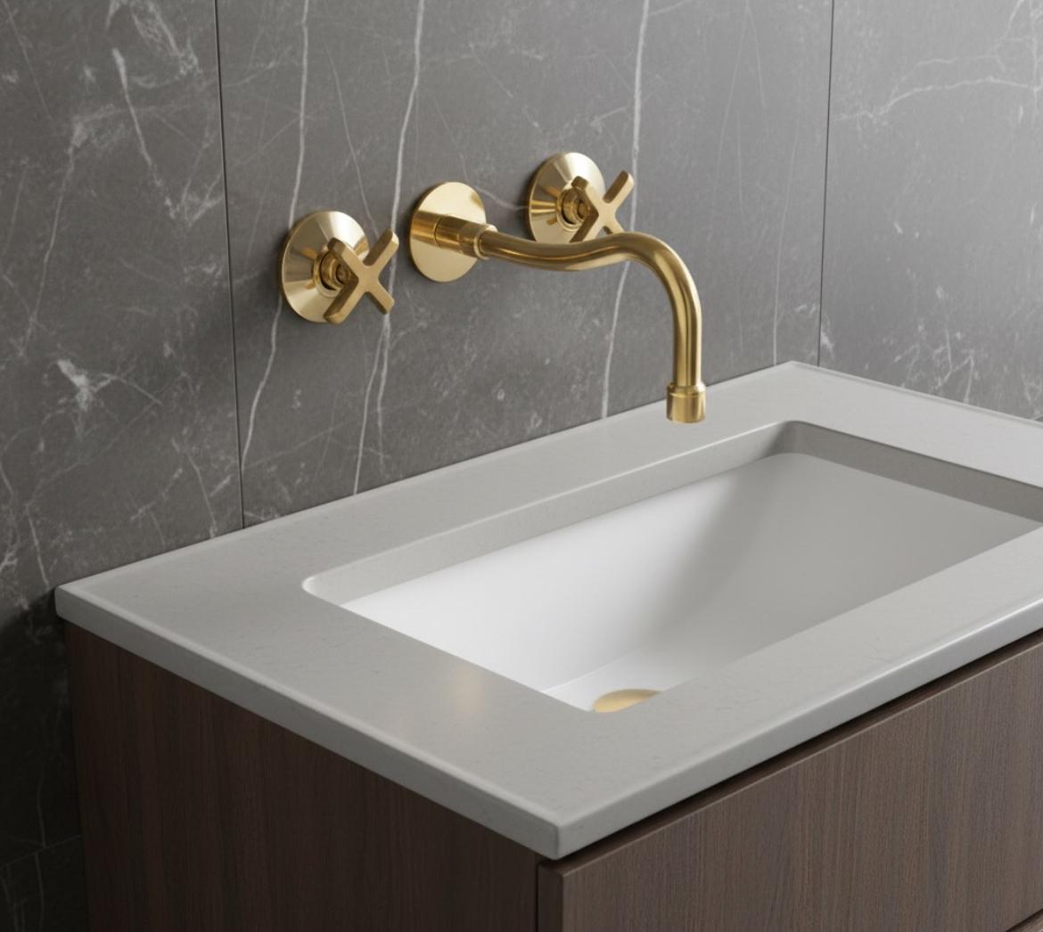 Unlacquered Brass Bathroom Faucet: 3-Hole Widespread Sink, Solid Brass - Brasska