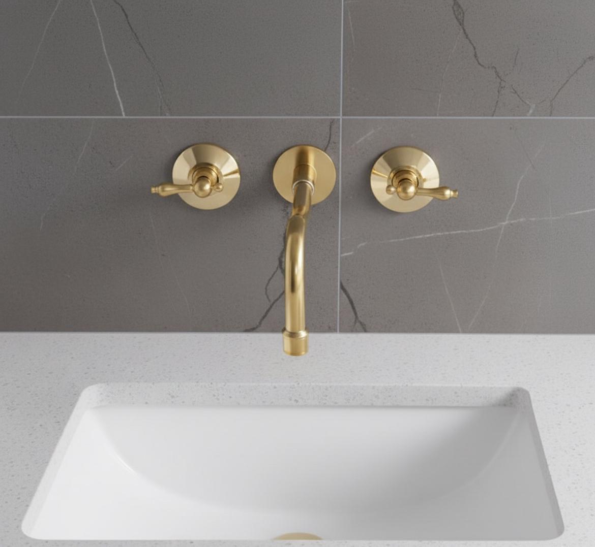Unlacquered Brass Bathroom Faucet: 3-Hole Widespread Sink, Solid Brass - Brasska