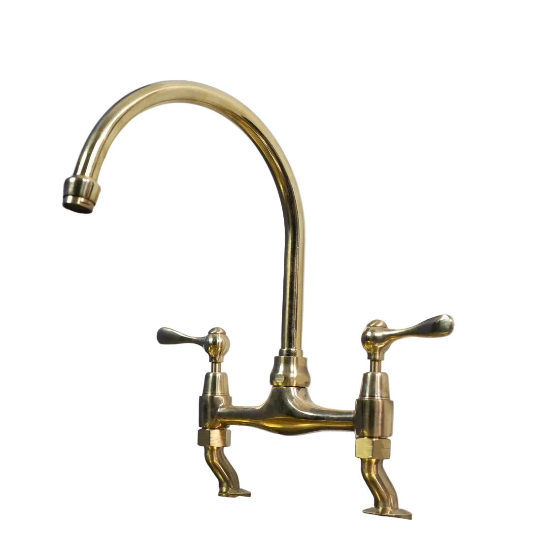 Unlacquered Brass Bridge Kitchen Faucet – Dual Handle Gooseneck Tap - Brasska