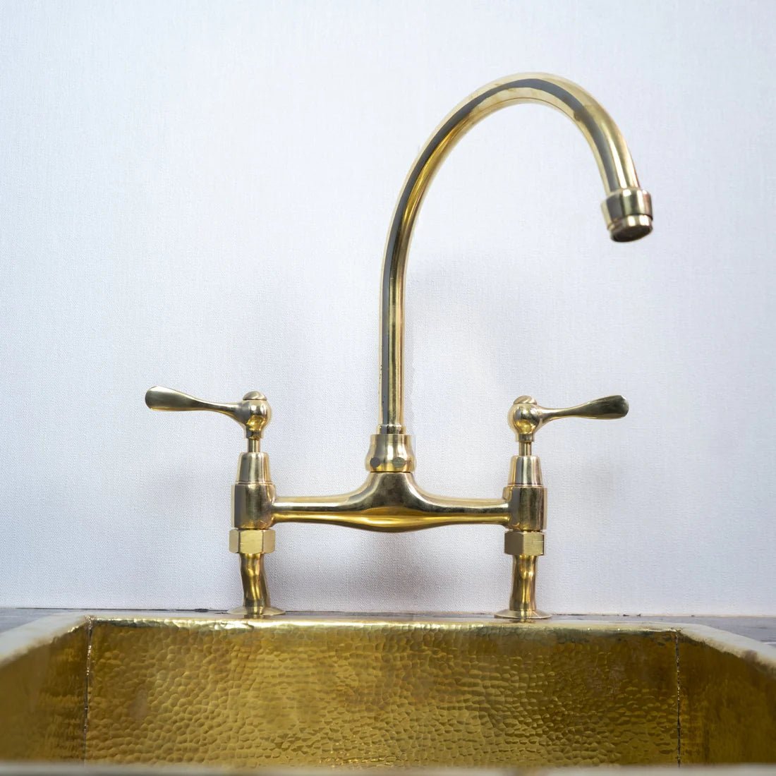 Unlacquered Brass Bridge Kitchen Faucet – Dual Handle Gooseneck Tap - Brasska