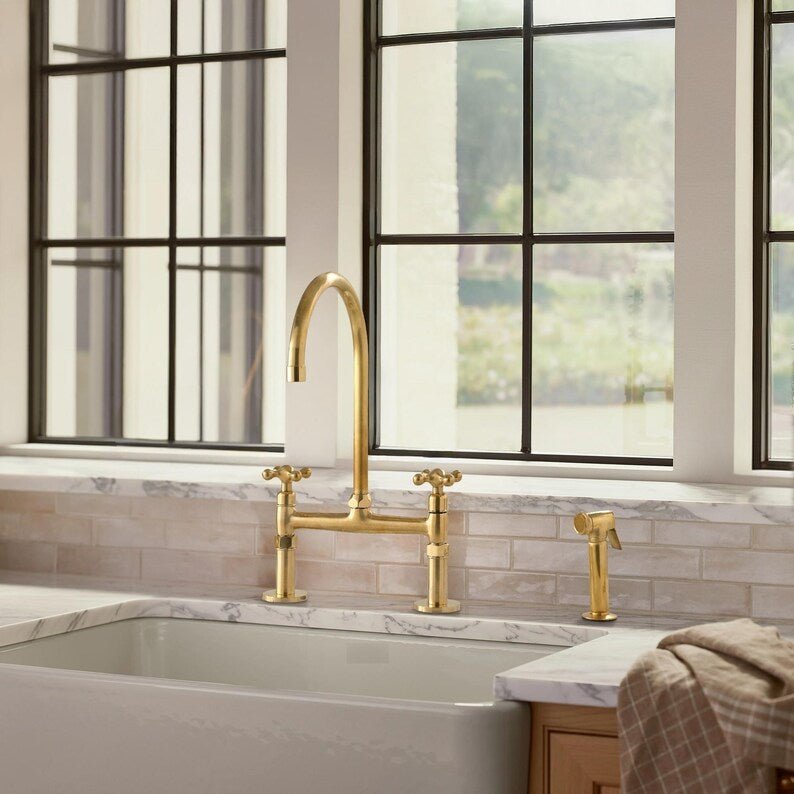 Unlacquered Brass Bridge Kitchen Faucet Set with Side Spray & Drinking Water Tap - Brasska